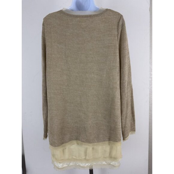 EASEL Beige Gauzy Knit Overlay Sweater Scoop Neck Raw Hem Pullover Sz L - Picture 4 of 7